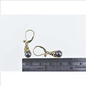 14K Grey Pearl Vintage Swirl Spiral Dangle Yellow Gold Earrings