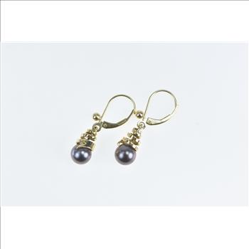 14K Grey Pearl Vintage Swirl Spiral Dangle Yellow Gold Earrings