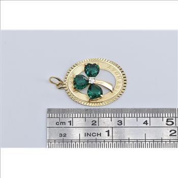 14K Happy Birthday Syn. Emerald Clover Vintage Yellow Gold Charm/Pendant