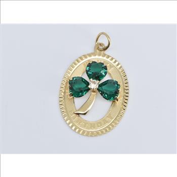 14K Happy Birthday Syn. Emerald Clover Vintage Yellow Gold Charm/Pendant