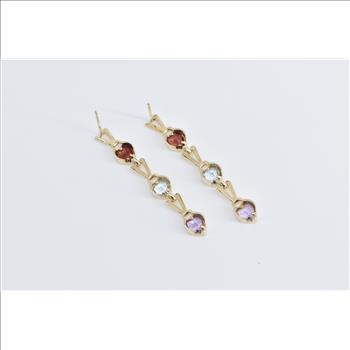 14K Heart Garnet Topaz Amethyst Tiered Dangle Yellow Gold Earrings