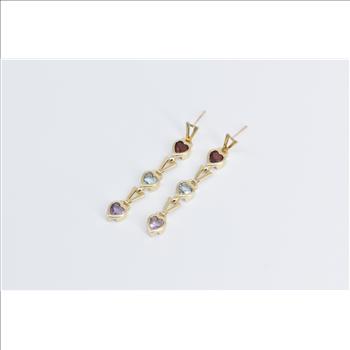 14K Heart Garnet Topaz Amethyst Tiered Dangle Yellow Gold Earrings