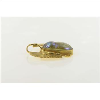 14K Iridescent Glass Scarab Egyptian Life Symbol Yellow Gold Pendant