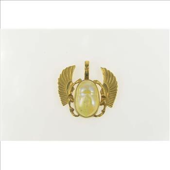 14K Iridescent Glass Scarab Egyptian Life Symbol Yellow Gold Pendant