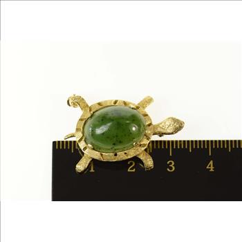 14K Jade Cabochon Turtle Tortoise Ornate Retro Yellow Gold Pin/Brooch