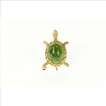 14K Jade Cabochon Turtle Tortoise Ornate Retro Yellow Gold Pin/Brooch