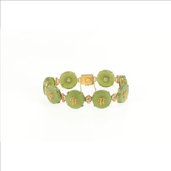 14K Jade Chinese Symbol Happiness Fortune Yellow Gold Bracelet 6.75