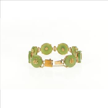 14K Jade Chinese Symbol Happiness Fortune Yellow Gold Bracelet 6.75