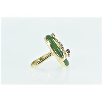 14K Jade Ring Ruby Tree Branch Cherry Blossom Yellow Gold Ring, Size 6