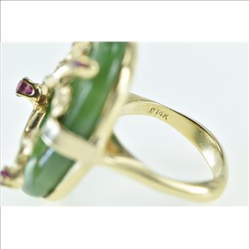 14K Jade Ring Ruby Tree Branch Cherry Blossom Yellow Gold Ring, Size 6
