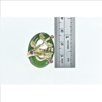 14K Jade Ring Ruby Tree Branch Cherry Blossom Yellow Gold Ring, Size 6