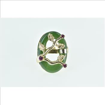 14K Jade Ring Ruby Tree Branch Cherry Blossom Yellow Gold Ring, Size 6