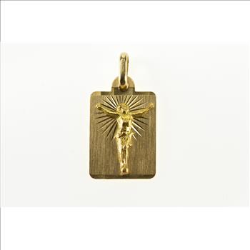 14K Jesus Christ Crucified Rectangular Yellow Gold Charm/Pendant