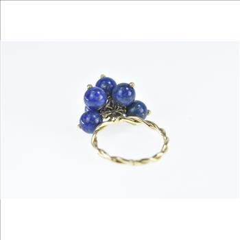 14K Lapis Lazuli Ball Bead Tassel Fringe Charm Yellow Gold Ring, Size 5.5