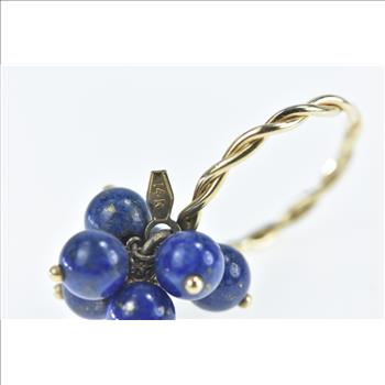 14K Lapis Lazuli Ball Bead Tassel Fringe Charm Yellow Gold Ring, Size 5.5