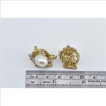 14K Larry Pearl Diamond Tree Motif French Clip Yellow Gold Earrings