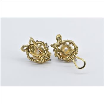 14K Larry Pearl Diamond Tree Motif French Clip Yellow Gold Earrings