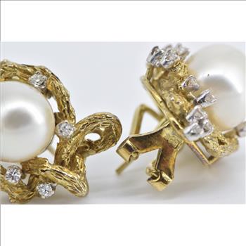 14K Larry Pearl Diamond Tree Motif French Clip Yellow Gold Earrings