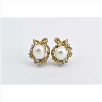 14K Larry Pearl Diamond Tree Motif French Clip Yellow Gold Earrings