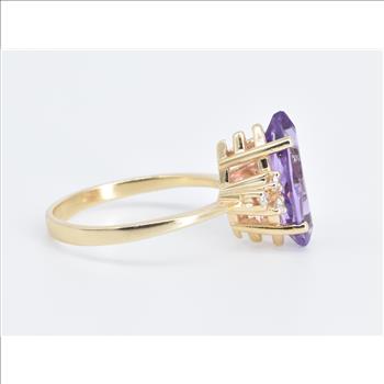14K Marquise Amethyst Natural Diamond Cluster Yellow Gold Ring, Size 8.25