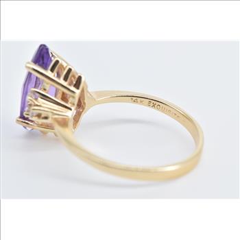 14K Marquise Amethyst Natural Diamond Cluster Yellow Gold Ring, Size 8.25