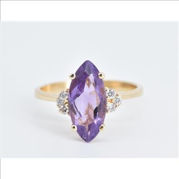 14K Marquise Amethyst Natural Diamond Cluster Yellow Gold Ring, Size 8.25