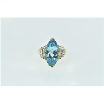 14K Marquise Blue Topaz Diamond Statement Yellow Gold Ring, Size 8