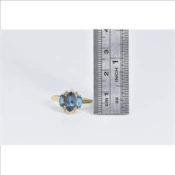 14K Marquise Blue Topaz Diamond Three Stone Yellow Gold Ring, Size 6.5