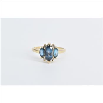 14K Marquise Blue Topaz Diamond Three Stone Yellow Gold Ring, Size 6.5
