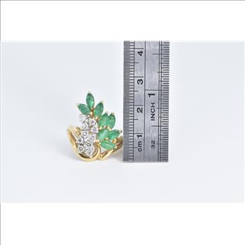 14K Marquise Emerald Round Diamond Vintage Swirl Yellow Gold Ring, Size 7