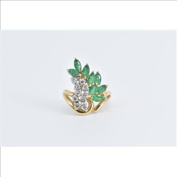 14K Marquise Emerald Round Diamond Vintage Swirl Yellow Gold Ring, Size 7