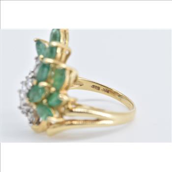 14K Marquise Emerald Round Diamond Vintage Swirl Yellow Gold Ring, Size 7