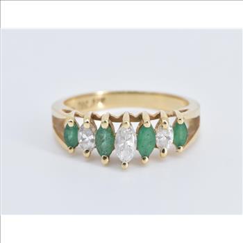 14K Marquise Natural Diamond Emerald Statement Yellow Gold Ring, Size 6.5