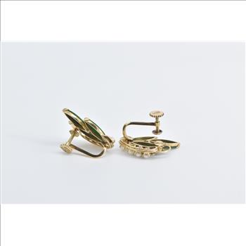 14K Marquise Nephrite Cultured Pearl Screw Back Yellow Gold Earrings