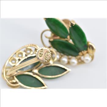 14K Marquise Nephrite Cultured Pearl Screw Back Yellow Gold Earrings