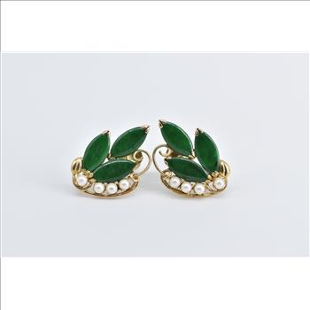 14K Marquise Nephrite Cultured Pearl Screw Back Yellow Gold Earrings