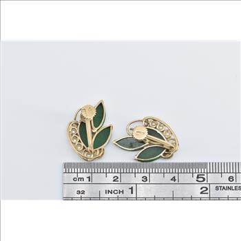 14K Marquise Nephrite Cultured Pearl Screw Back Yellow Gold Earrings