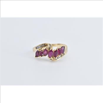 14K Marquise Ruby Baguette Diamond Bypass Yellow Gold Ring, Size 8