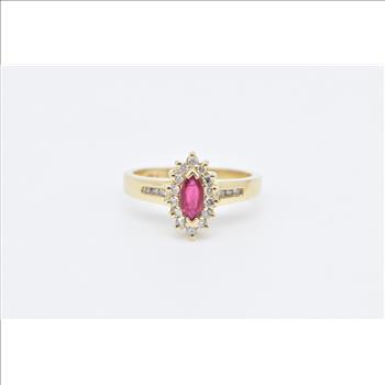 14K Marquise Ruby Diamond Halo Engagement Yellow Gold Ring, Size 7