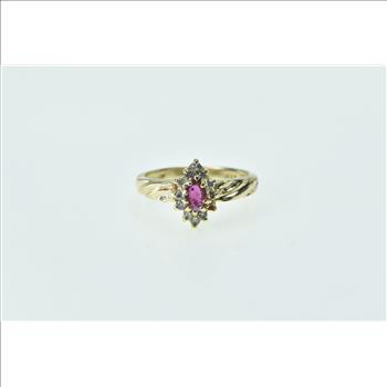 14K Marquise Ruby Diamond Halo Vintage Yellow Gold Ring, Size 4