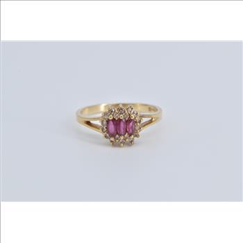 14K Marquise Ruby Diamond Halo Vintage Yellow Gold Ring, Size 6.5