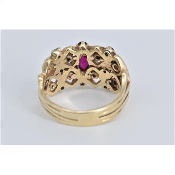 14K Marquise Ruby Natural Diamond Checkered Yellow Gold Ring, Size 7