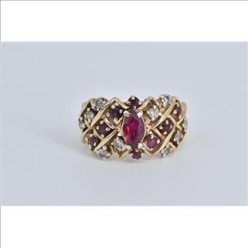 14K Marquise Ruby Natural Diamond Checkered Yellow Gold Ring, Size 7