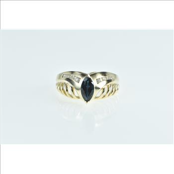 14K Marquise Sapphire Diamond Vintage Chevron Yellow Gold Ring, Size 8