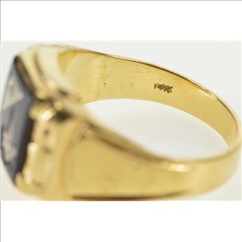 14K Masonic 1940's Diamond Onyx Men's Signet Yellow Gold Ring, Size 12.25