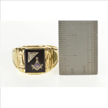 14K Masonic 1940's Diamond Onyx Men's Signet Yellow Gold Ring, Size 12.25