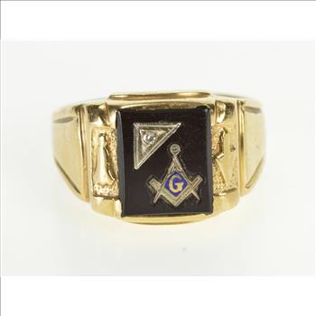 14K Masonic 1940's Diamond Onyx Men's Signet Yellow Gold Ring, Size 12.25
