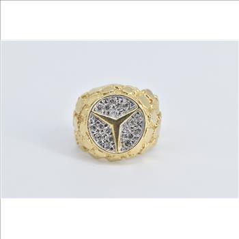 14K Mercedes Benz Logo Natural Diamond Two Tone Yellow Gold Ring, Size 6.5