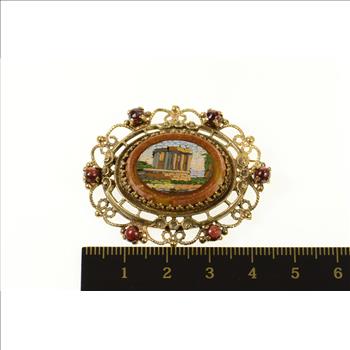 14K Micromosaic Parthenon Goldstone Scalloped Yellow Gold Pin/Brooch
