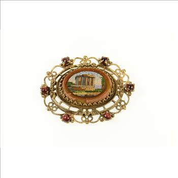 14K Micromosaic Parthenon Goldstone Scalloped Yellow Gold Pin/Brooch